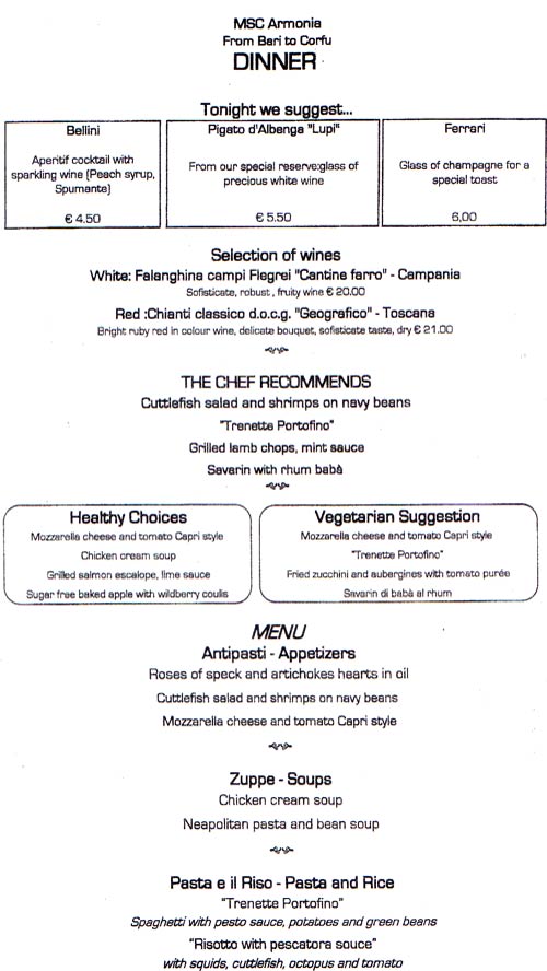 MSC Armonia menu from Bari to Corfu 9 Aug 2004