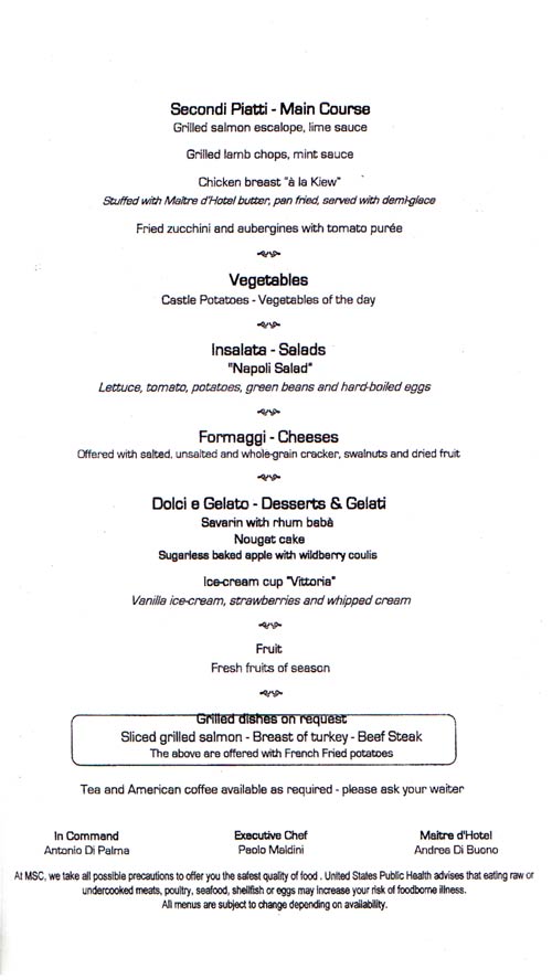 MSC Armonia menu from Bari to Corfu 9 Aug 2004