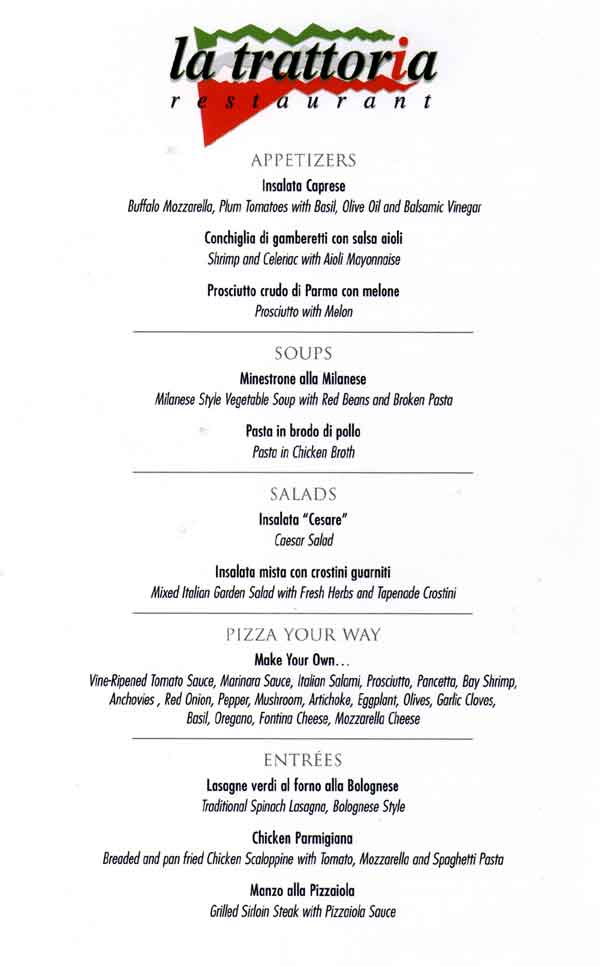Norwegian Dawn  La Trattoria Restaurant Menu